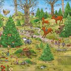 Text: "Es ist Winter im Wimmelwald! Die Tiere und Wichtel freuen sich auf Weihnachten... Und wo haben sich die Frösche eingekuschelt?" 

Illustration: Ein lebendiger Wald mit Tieren, Wichteln und geschmückten Bäumen.