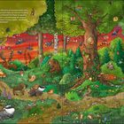 Text oben: "Die Abendsonne taucht den Himmel in ein wunderschönes rotes Licht..." Illustration eines Waldes mit Tieren und Bäumen.