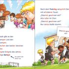 Zwei Fußballteams stehen sich gegenüber, entschlossen mit ernsten Gesichtern. Ein Spieler ruft: "Diesmal gewinnen wir!"