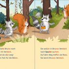 Gestern hatte Bruno noch elf Nüsse im Versteck. Heute sind sie weg! Illustration mit Tieren im Wald.