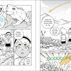 Illustration von Kindern, die eine Sternschnuppe beobachten. Eine Kröte springt. Texte haben Sprechblasen.