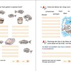 Links: "Welcher Fisch gehört in welchen Korb?" Über Fischen stehen Wörter wie "Welle" und "Stein". Rechts: "Ordne die Wörter der Länge nach." Wörter wie "schwimmen" und "Meer". Eine Illustration zeigt einen Fisch hinter einer Flaschenpost. "Im Meer schwimmt ein Fisch hinter einer Flaschenpost."