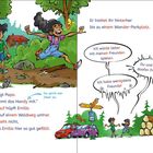 Zwei Kinder auf einem Waldweg, eines springt fröhlich, ein anderes wirkt genervt. Ein rotes Auto parkt. Schilder zeigen Wanderwege.