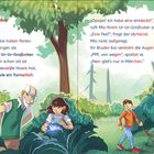 Der Text beschreibt Abenteuer von Mia und Kai bei ihrem fitten Ur-Urgroßvater im Wald. Links sieht man ihn und Mia, rechts Kai.