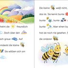 Links: „Heute scheint die Sonne freundlich.“ Rechts: Drei fröhliche Bienen unterhalten sich. Bunte Blumen und Regenbogen.