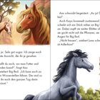 Zwei Pferdeillustrationen: Links drei Pferde vor Bäumen; rechts ein graues und ein mehrfarbiges Pferd im Gespräch. Dialogtext.