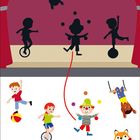 Oben Silhouetten von Zirkuskünstlern auf Bühne, unten bunte Kinderfiguren: Jongleur, Einradfahrer, Turner.