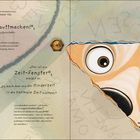 Links Text über eine "Kinderzeit-Uhr" und "Zeit-Fenster". Rechts schaut ein Hund mit großen Augen durch ein Loch.