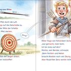 Ausbildung zum Ritter. Ein Pfeil trifft die Zielscheibe. Ein Junge freut sich; ein älterer Mann lobt ihn. Seite 6 und 7.