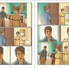 Comic mit zwei Charakteren in einem eleganten Raum. Dialoge: Abschied, Erwartungen, zögernde Abreise. Stimmung ruhig, ernst.