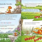 Eine Kinderbuch-Illustration mit einem kleinen, orangefarbenen Drachen namens Krümel, der in einer malerischen Landschaft lebt.