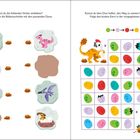 Linke Seite: "Kannst du die fehlenden Sticker einkleben? Verbinde dann die Bildausschnitte mit den passenden Dinos."

Rechte Seite: "Kannst du dem Dino helfen, den Weg zu seinem Freund zu finden? Folge den bunten Eiern in der vorgegebenen Reihenfolge."