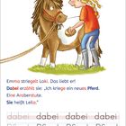 Text über einem Mädchen, das ein Pony striegelt: Emma striegelt Loki. Dabei erzählt sie von einer neuen Araberstute.