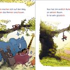 Links: "Alle Tiere machen sich auf den Weg." Rechts: "Nun hat Jim endlich Ruhe." Tiere im Wald, Jim hängt am Baum.