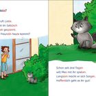 Text zu Meo und Nala, Katze wartet draußen, Kind schaut aus Tür. Illustration mit grünem Busch.
