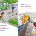 Heute hat Milans Papa schon früher Schluss. Er holt Milan mit dem Auto ab. Auf dem Heimweg erzählt Papa von seinem Fall. Eine Illustration zeigt Milan rennend zum Auto, mit einem winkenden Vater im Hintergrund. Links ein grünes Auto, rechts sitzt Milan mit seinem Vater lächelnd im Auto.