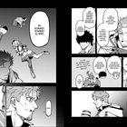 Zwei Männer diskutieren in einem Manga-Stil. Einer fällt, der andere denkt nach. Oben fliegen Personen.