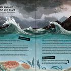 Am Anfang war der Blob. Du bist eine Dickinsonia. Illustration von großen Wellen und einem Vulkan im Hintergrund.