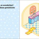 "Mmh, hier duftet es wunderbar! Vervollständige diese gemütliche Küche." Illustration: Eine kleine, bunte Küche mit Spüle.