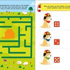 Links: Ein Labyrinth mit der Aufgabe, dem Feuerwehrmann zum Haus zu helfen. Rechts: Zähle Punkte auf Würfeln neben Hunden.