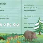 Zwei Seiten mit persönlichen Angaben und Fragen für Kinder, dekoriert mit Wildtieren in einer grünen Landschaft.