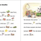 Text über die kleine Waldfee Flori, die in einem Haus lebt. Illustrationen: Baum, Fee, Haus, Pilz, Sonnenaufgang, Zauberstab.