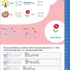 Übung mit Silben: Auswahl von -hof, -la, -zel, -me. Schreibübung: Blume, Brezel, Brille, Bahnhof. Buchstaben B und b.
