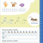 Arbeitsblatt zur Buchstabenübung: A wie Ameise. Enthält Anleitungen zum Schreiben des Großbuchstabens A und des Kleinbuchstabens a.