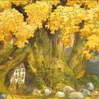 Text: „Wenn sich das Laub der Bäume gelb färbt und die Eicheln den Boden bedecken, wird es mit einem Mal ruhig im Wald.“

Ein großes, altes Baumhaus in einem goldenen Herbstwald mit auf den Boden fallenden Blättern und Eicheln.