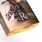 "City of Ash and Ruin. Roman. reverie." zeigt eine Buchcover-Illustration mit einer Frau in einem langen, fließenden Kleid.