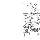 Illustration: Ein Hase malt Ostereier auf einem Tisch im Freien, umgeben von Wolken mit Gesichtern und Pflanzen.