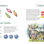 Texte: "Schattieren", "Licht und Schatten", "Verblenden". Illustrationen von Blättern, Beeren und einer Blumen-Häuser-Szene.