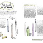 Auf Los geht's los. Mögliche Mutzensilien: Verschiedene Stifte. Kritzel-Warm-up. Materialseite mit Illustrationen von Schreibutensilien.