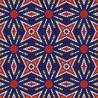 Keine Texte vorhanden. Eine bunte, symmetrische geometrische Musterillustration in Rot, Blau, Gelb und Weiß.