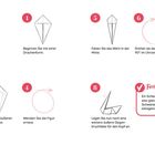 Ein Origami-Schwan mit Schritt-für-Schritt-Anleitung. Schritte 1 bis 8, beginnend mit "Schwan" und endend mit "Fertig!".