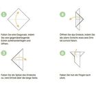 „Taube“. Origami-Anleitung in sieben Schritten mit Diagrammen. Schritt 1: „Falten Sie eine Diagonale...“ bis Schritt 7.