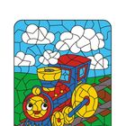 Text: "Lösung:" Illustration einer bunten, lächelnden Lokomotive auf Schienen, umgeben von grüner Landschaft und blauen Himmel mit Wolken.