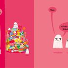 Links fragt ein gezeichneter Geist: "Willst du Schluckauf haben?". Rechts antwortet ein Geist: "Nein. Natürlich will ich keinen Schluckauf haben."