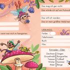 Formular für Kinder mit Feldern für Namen, Vorlieben und Eigenschaften in verspielter Feenwelt-Illustration.