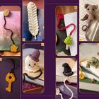 Mondphasen 51, Rosenranke 55, Zauberbuch 57. Bunte, gehäkelte Lesezeichen mit verschiedenen Motiven.