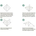 Text: "Elefant. 1. Beginnen Sie mit einer Drachenform... 2. Falten Sie die äußeren Spitzen... Illustration zum Falten eines Elefanten."