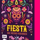 Text: "Fiesta: Das Mexiko-Kochbuch" und "Tanja Dusy". Bunte Totenkopf-Illustration mit Blumen, Chilischoten und Avocado.