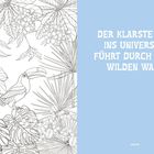 Links schwarze Umrisszeichnung von Waldtieren und Pflanzen; rechts blauer Hintergrund mit Text über Klarheit und Natur.