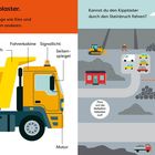 "Das ist ein Kipplaster. Er transportiert schwere Dinge wie Kies und Sand von einem Ort zum anderen. Illustration."