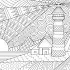 Illustration mit geometrischen Mustern: Sonne, Leuchtturm, Berge, Haus. Verspielte Linien füllen die Flächen dekorativ aus.