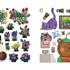 Die Illustration zeigt Garten- und Haustierartikel. Links ist eine Eule mit großen Augen. Es gibt Pflanzen, Töpfe und Katzenfutter.