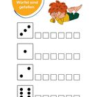 Die Würfel sind gefallen. Male so viele Kästchen aus, wie es der Würfel anzeigt. Illustration eines liegenden Jungen.