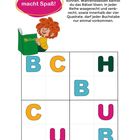 Lesen macht Spaß! Pumuckl schaut ein Buch an, während du ein Buchstabenrätsel mit B, C, U, H löst.