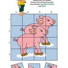 Text: "Du findest unten drei Bildausschnitte. Wo sind sie im Hauptmotiv zu sehen?" Illustration von zwei lächelnden Schweinen auf Wolken, mit Koordinatenraster.