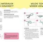 Texte: "WELCHE MATERIALIEN WERDEN VERWENDET?", "WELCHE TECHNIKEN WERDEN VERWENDET?", "GARN", "FÜLLWATTE", "HÄKELNADEL", "MASCHENMARKIERER".

Links: Garnauswahl und Häkelnadelgröße beschrieben. 

Rechts: Illustrationen zeigen Knoten- und Maschentechnik. QR-Code vorhanden.